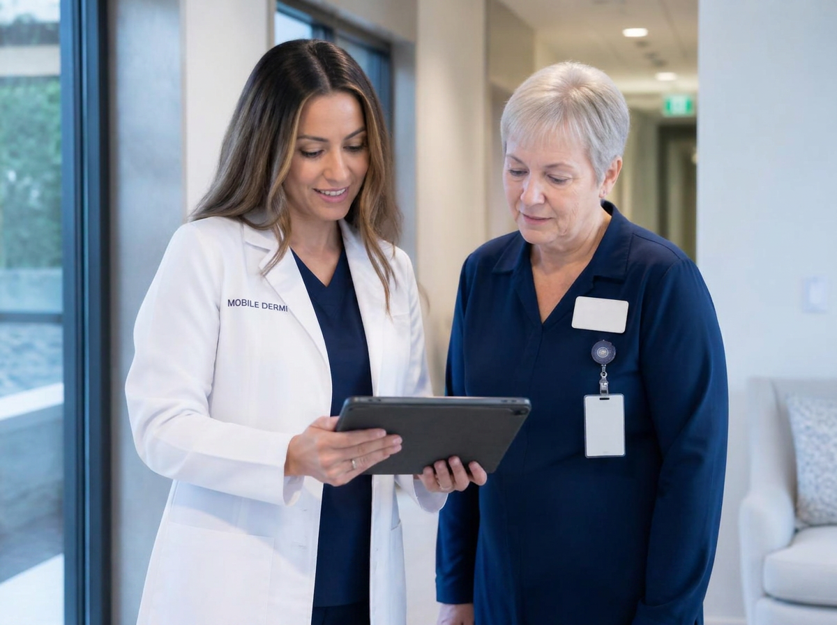 A mobile dermatology provider reviewing a chart with a director of nursing