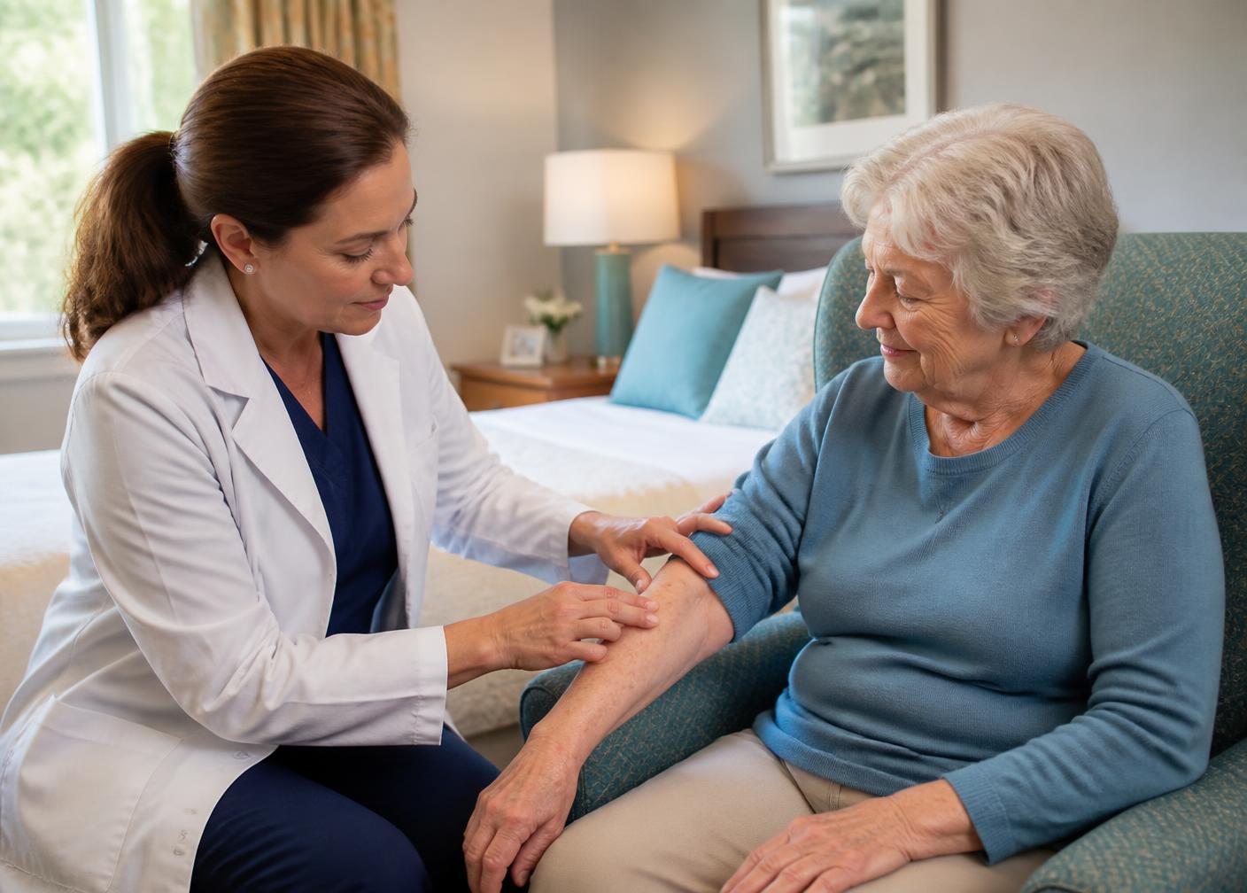 A mobile dermatology provider reviewing a chart with a director of nursing