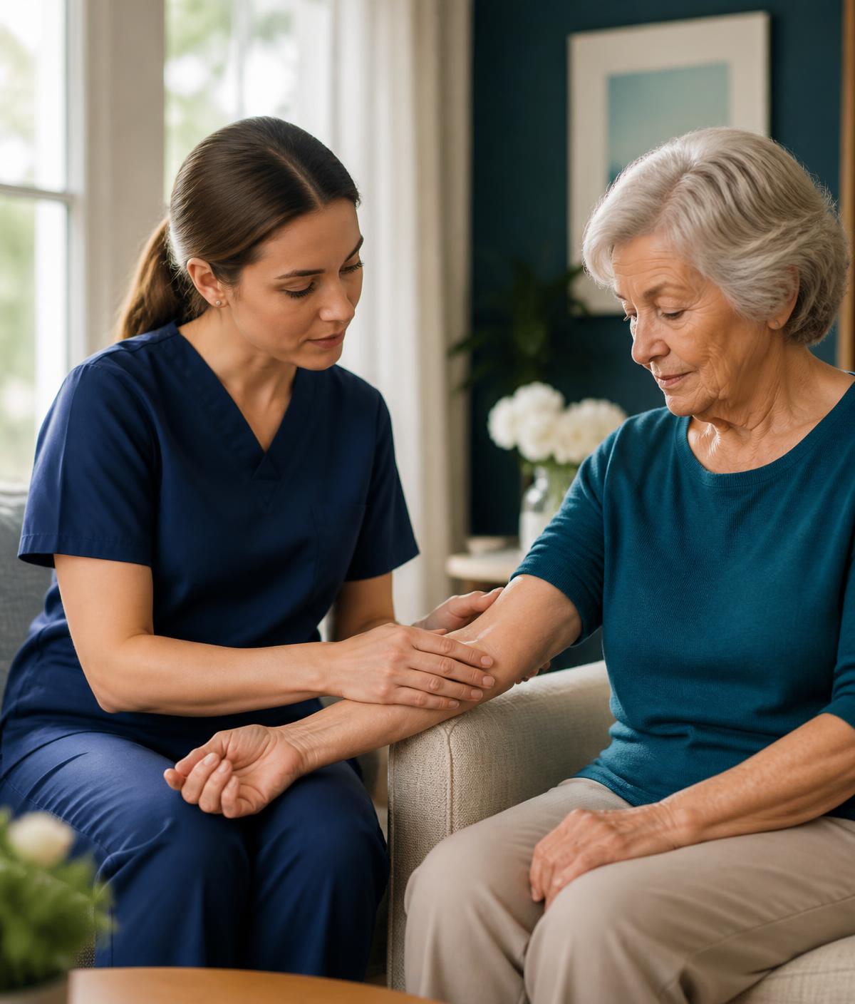 A dermatology clinician examining an elderly resident's forearm in a senior living room